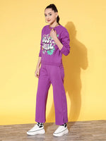 Women Purple Fleece JUST CHILL Sweatshirt With Track Pants