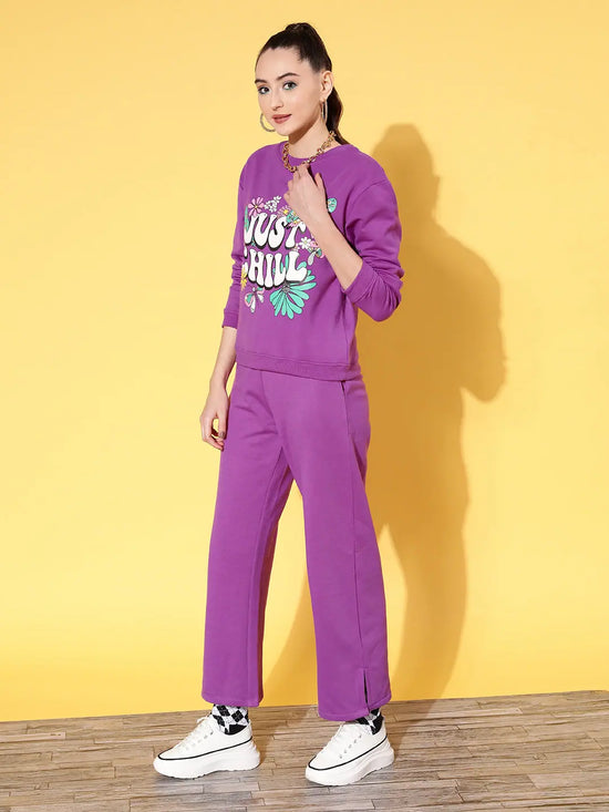 Women Purple Fleece JUST CHILL Sweatshirt With Track Pants