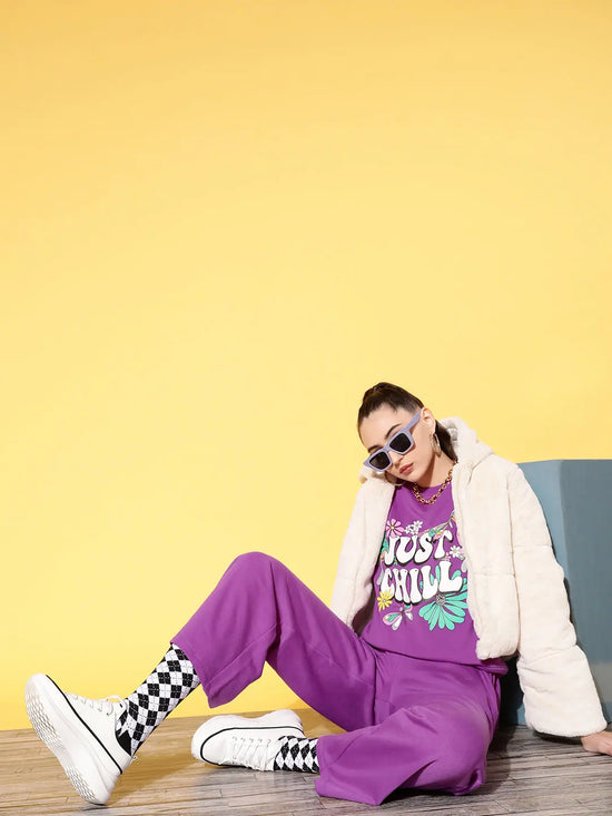 Women Purple Fleece JUST CHILL Sweatshirt With Track Pants