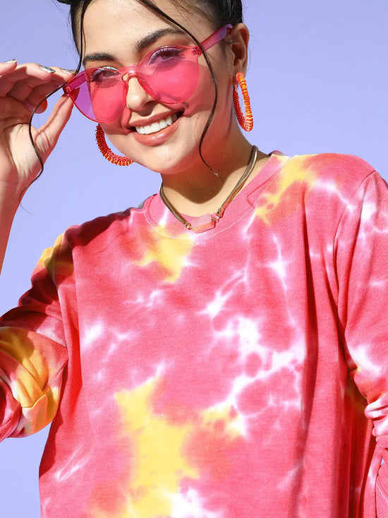 Women Pink & Yellow Terry Tie-Dye Sweatshirt