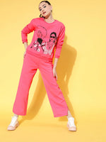 Women Pink Fleece Line Art Sweatshirt With Track Pants