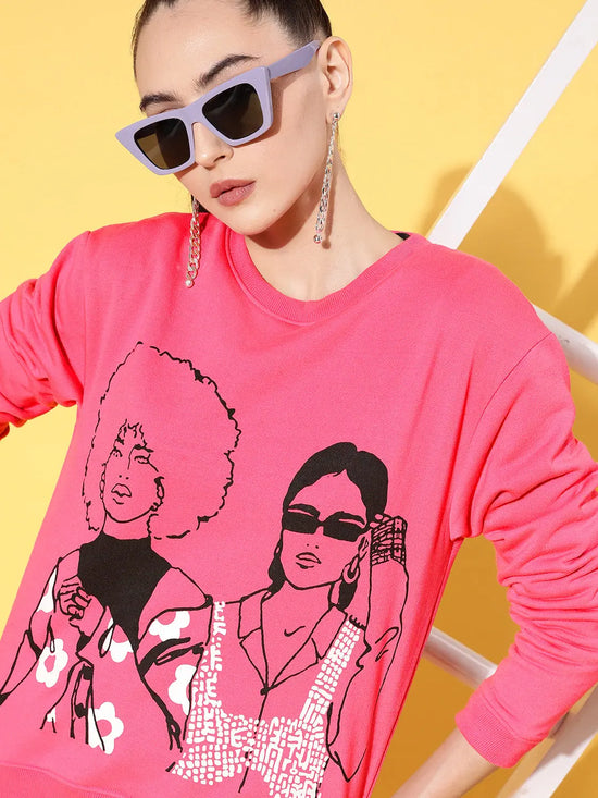 Women Pink Fleece Line Art Sweatshirt With Track Pants