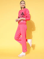 Women Pink Fleece Line Art Sweatshirt With Track Pants