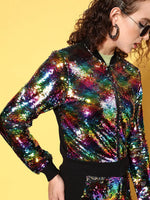 Women Black Multi-Sequin Crop Jacket with Joggers