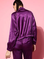 Women Purple Lycra Satin Bomber Jacket with Joggers