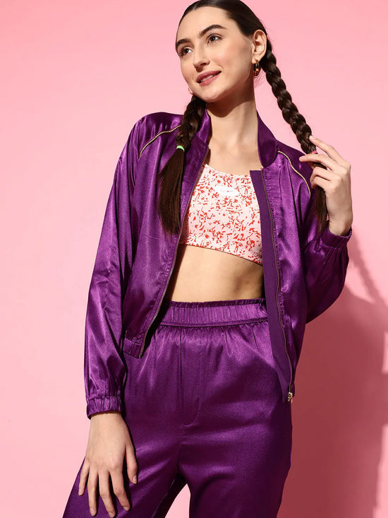 Women Purple Lycra Satin Bomber Jacket with Joggers