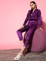 Women Purple Lycra Satin Bomber Jacket with Joggers