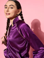 Women Purple Lycra Satin Bomber Jacket with Joggers