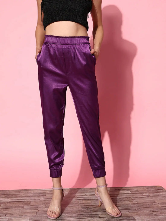 Women Purple Lycra Satin Bomber Jacket with Joggers