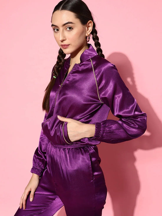 Women Purple Lycra Satin Bomber Jacket with Joggers