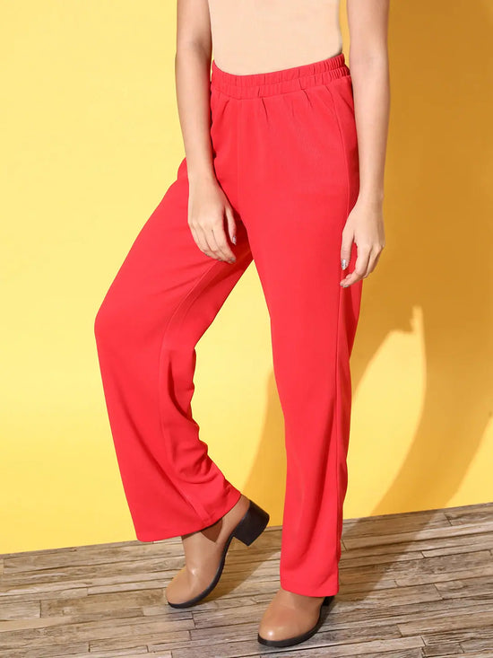 Women Red Rib Straight Track Pants