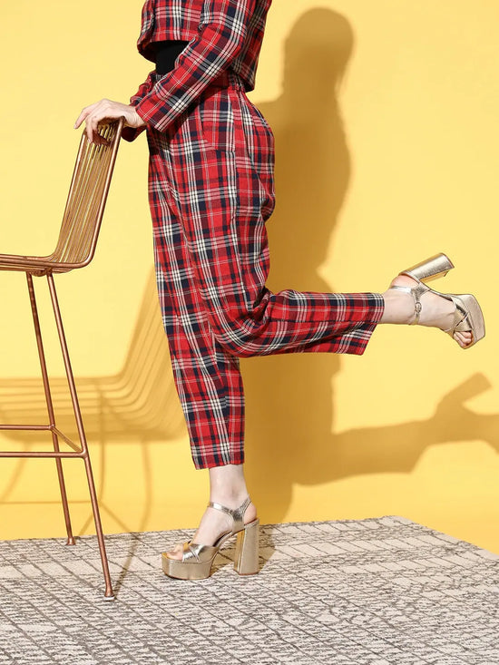 Women Red Flannel Check Tapered Pants