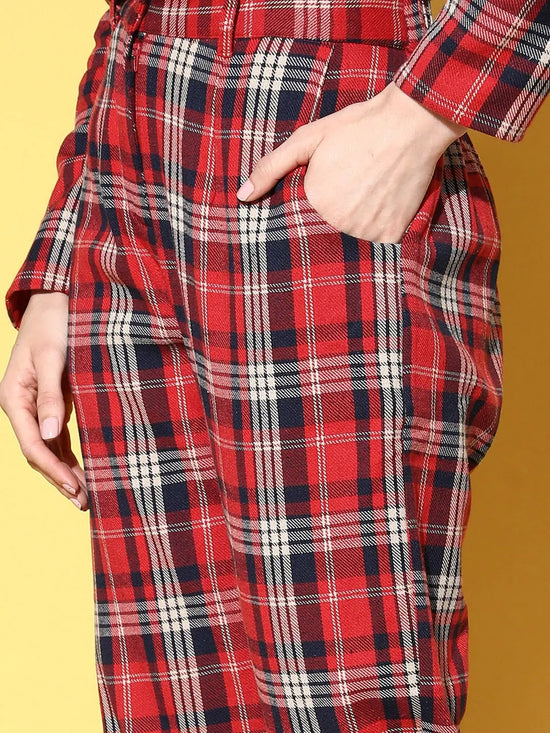 Women Red Flannel Check Tapered Pants