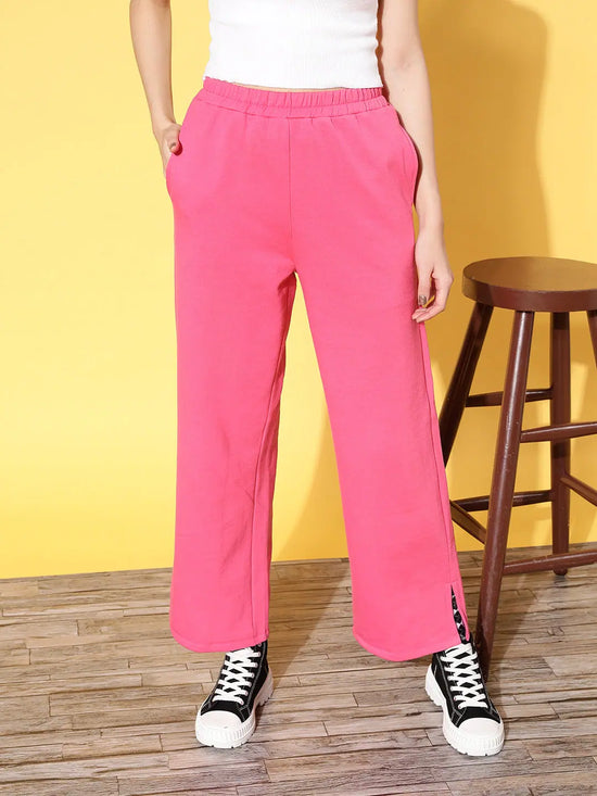 Women Pink Fleece Side Slit Track Pants