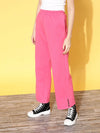 Women Pink Fleece Side Slit Track Pants