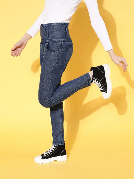 Women Blue Washed Front Button High Waist Jeans