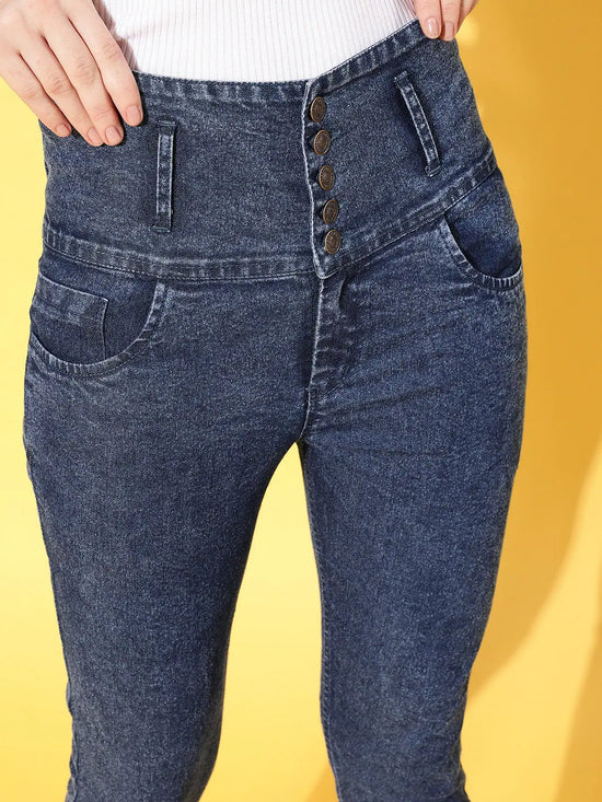 Women Blue Washed Front Button High Waist Jeans