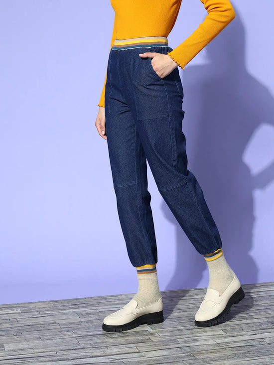 Women Navy Denim Striped Rib Jogger Jeans