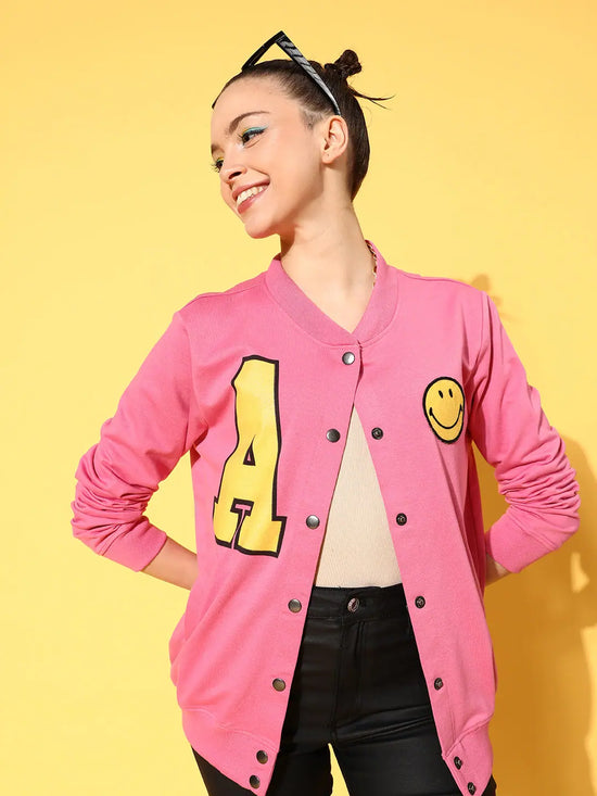 Women Solid Pink Full Sleeve Jacket