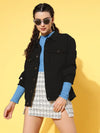 Women Solid Black Collared Neck Full Sleeve Jacket