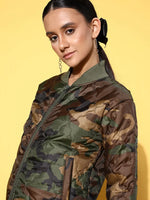 Women Printed Olive Full Sleeve Jacket