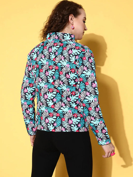 Women Printed Black Full Sleeve Jacket