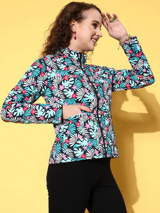 Women Printed Black Full Sleeve Jacket