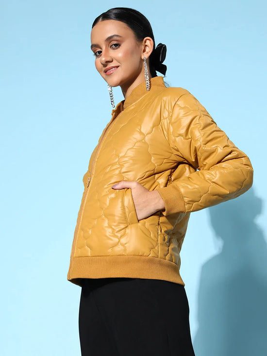 Women Solid Mustard Full Sleeve Jacket