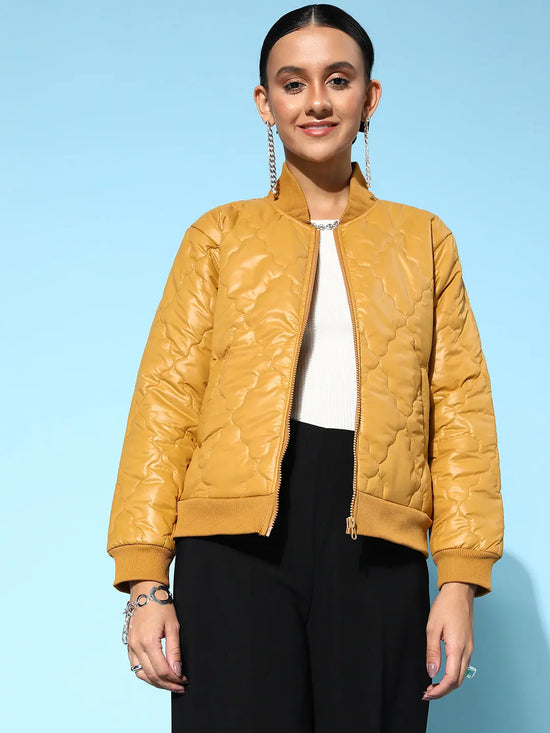 Women Solid Mustard Full Sleeve Jacket