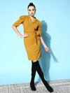 Women Mustard Canton Wrap Midi Bodycon Dress