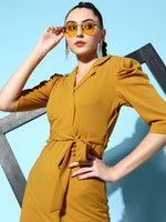 Women Mustard Canton Wrap Midi Bodycon Dress