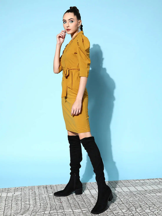 Women Mustard Canton Wrap Midi Bodycon Dress