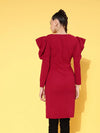 Women Red Canton Puff Sleeves Mini Bodycon Dress