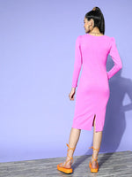 Women Mauve Rib Square Neck Bodycon Midi Dress