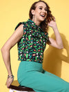 Women Printed Green Sleeveless Jacket