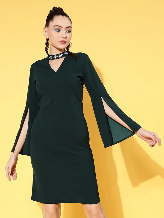 Women Emerald Canton Cape Sleeves Choker Shift Dress