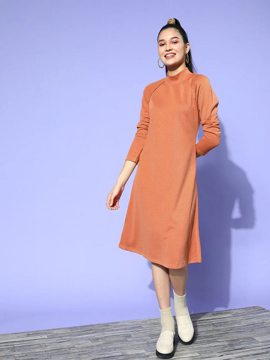 Women Rust Rib High Neck A-Line Midi Dress