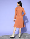 Women Rust Rib High Neck A-Line Midi Dress