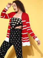 Women Striped Red Full Sleeve Jacket