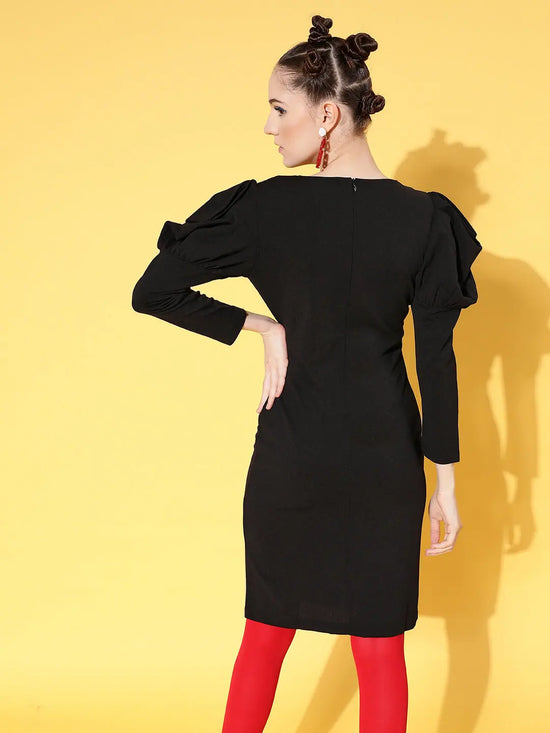 Women Black Canton Puff Sleeves Mini Bodycon Dress