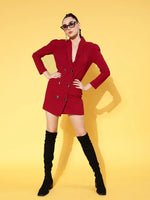 Women Red Canton Double Breasted Blazer Dress