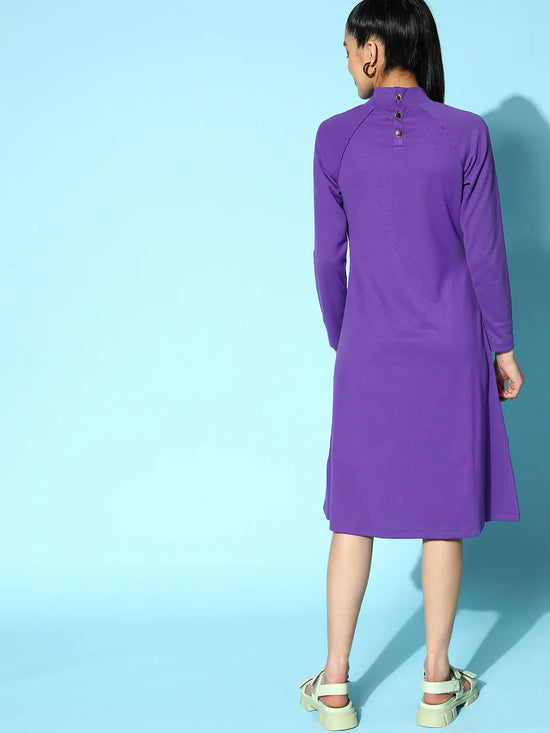 Women Purple Rib High Neck A- Line Midi Dress