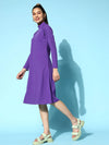 Women Purple Rib High Neck A- Line Midi Dress