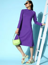 Women Purple Rib High Neck A- Line Midi Dress