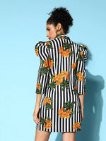 Women Black & White Stripe Floral Scuba Blazer Dress