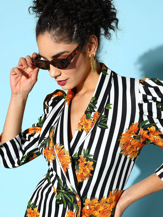 Women Black & White Stripe Floral Scuba Blazer Dress