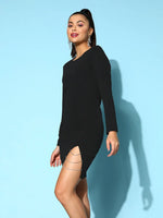 Women Black Side Slit Diamante Mini Dress