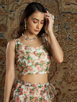 Women Peach Chanderi Floral Sleeveless Crop Top