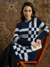 Women Navy & Grey Check Hair Wool Straight Kurta