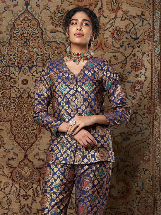 Women Navy Large Indian Motif Brocade Top